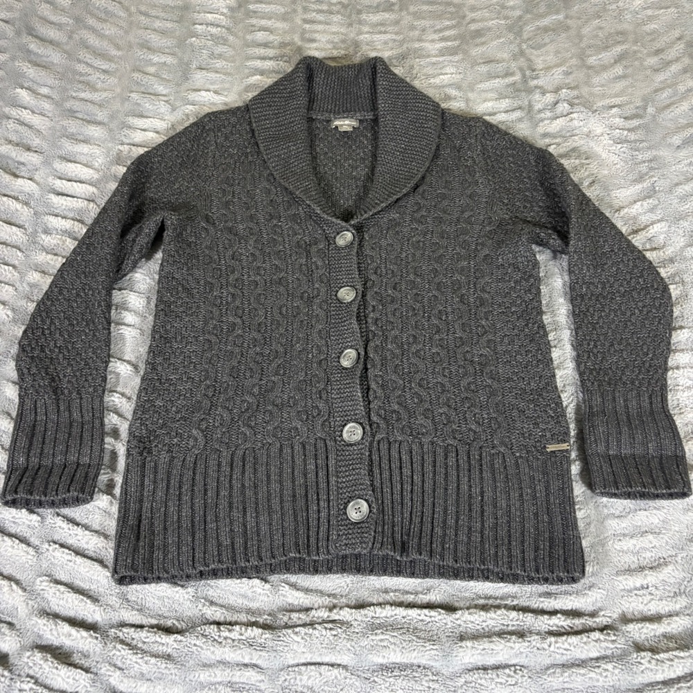 Eddie Bauer Womens Gray Lambswool Blend Shawl Collar Cable Knit Cardigan Large